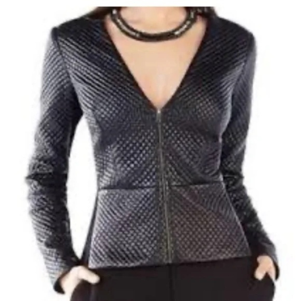 BCBG MaxAzaria PearsonBlack Faux Leather Quilted Blazer Jacket Front Zip Size XS